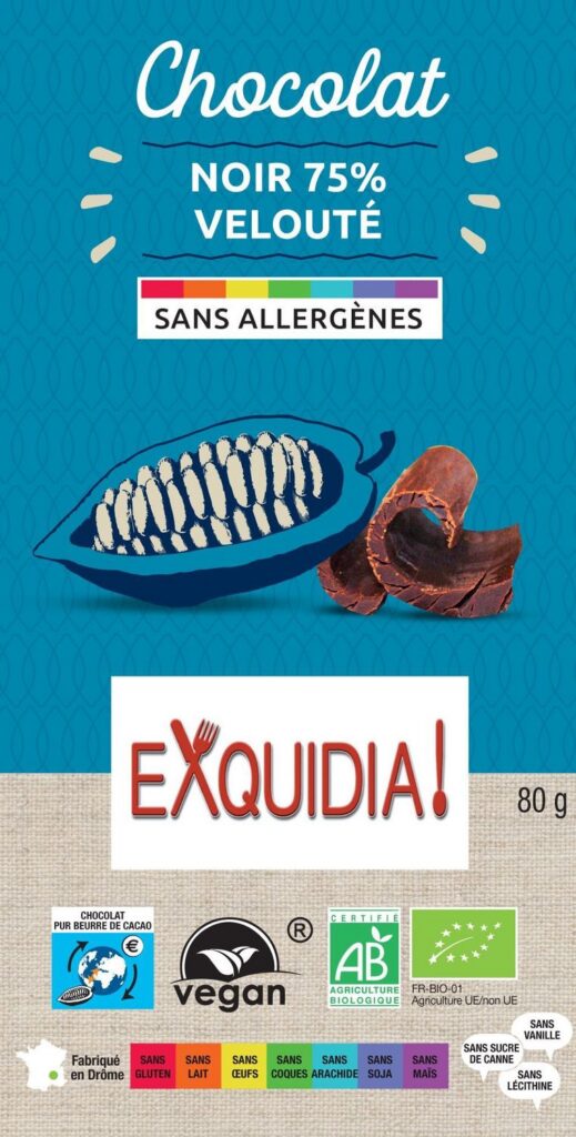 Tablette de chocolat NOIR 75% VELOUTÉ au sucre de coco BIO vegan sans allergènes Exquidia : 80 grammes