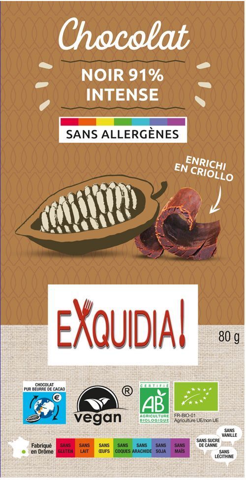 Tablette de chocolat noir 91% INTENSE au sucre de coco BIO vegan sans allergènes Exquidia : 80 grammes