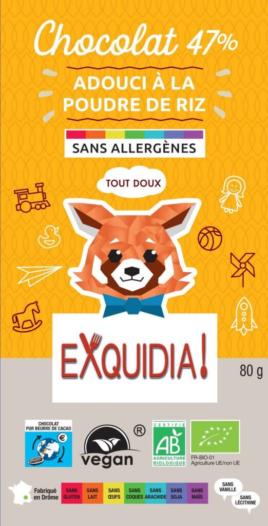 TABLETTE en chocolat ALTERNATIVE au lait (sans lait) BIO vegan sans allergènes Exquidia : 80g