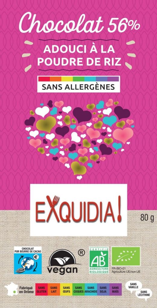 TABLETTE en chocolat NOIR 56% BIO vegan sans allergènes Exquidia : 80 grammes