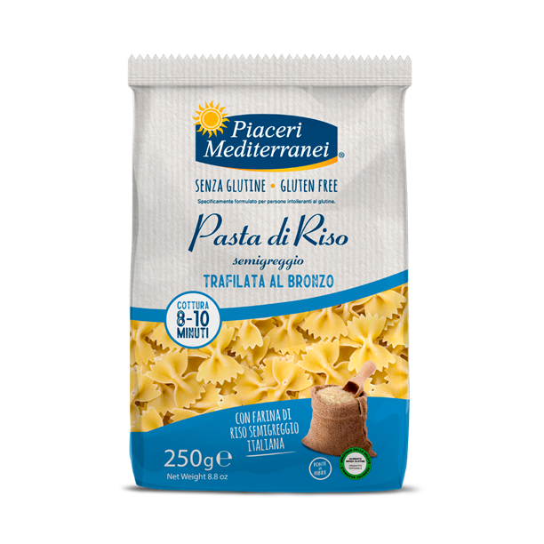 Pâtes FARFALLE (papillons) de riz semi-intégral italien vegan sans gluten sans lait,sans oeufs sans coque sans arachide Piaceri Mediterranei : 250g