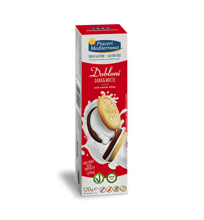 BISCUITS DOBLONI DARK & WHITE vegan sans gluten sans lait sans oeufs sans coque sans arachide PIACERI MEDITERRANEI : 120g