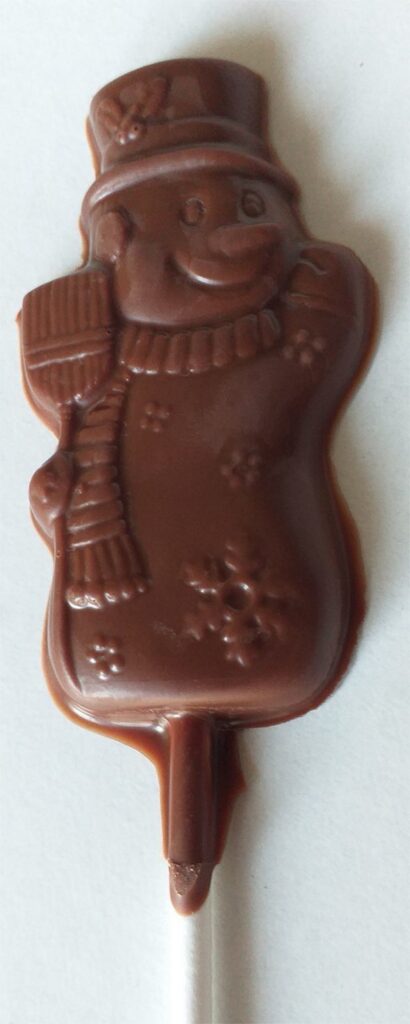 1 sucette BONHOMME DE NEIGE en chocolat ALTERNATIVE au lait (sans lait) BIO vegan sans allergènes Exquidia : 15g