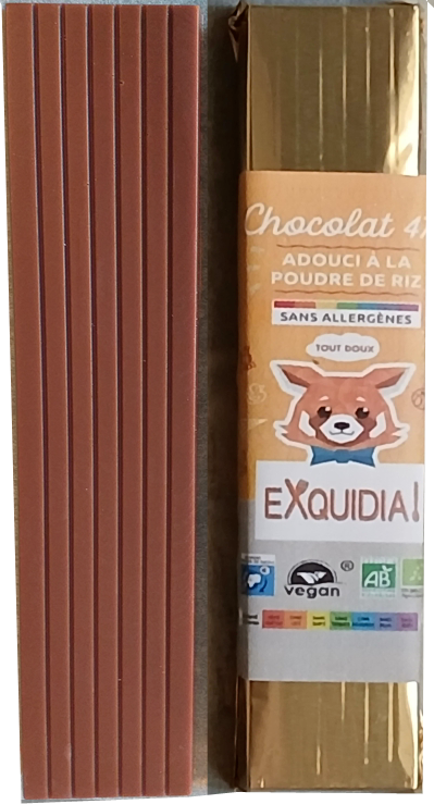 1 MINI barre striée en chocolat ALTERNATIVE au lait (sans lait) BIO vegan sans allergènes Exquidia : 25 grammes