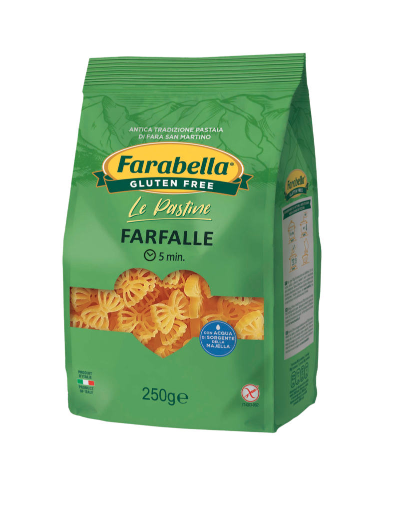 Pâtes FARFALLE (papillon) maïs et riz vegan sans gluten, sans lait, sans oeufs, sans coque, sans arachide Farabella : 250g