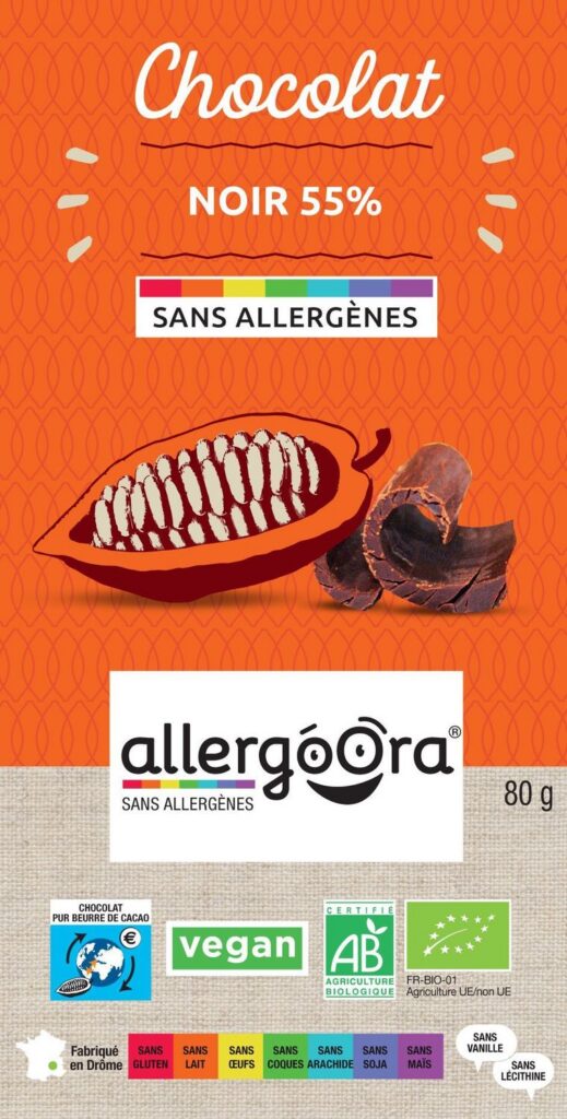 TABLETTE en chocolat NOIR 55% (origine Pérou) BIO vegan sans allergènes Allergoora : 80 grammes