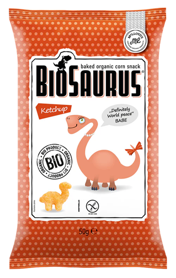 Chips de maïs soufflé au KETCHUP en forme de dinosaures BIO sans allergènes Biosaurus : 50 grammes