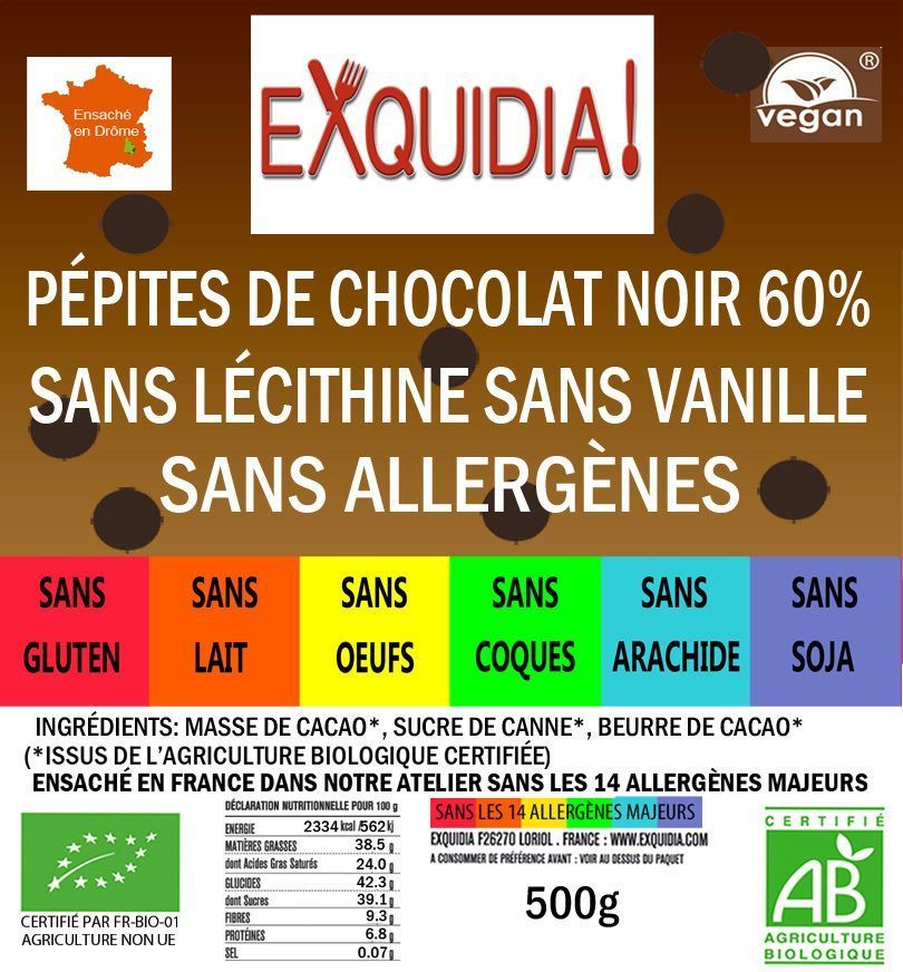 Pépites de chocolat NOIR ONCTUEUX (60%) BIO vegan sans allergènes Exquidia : 500 grammes