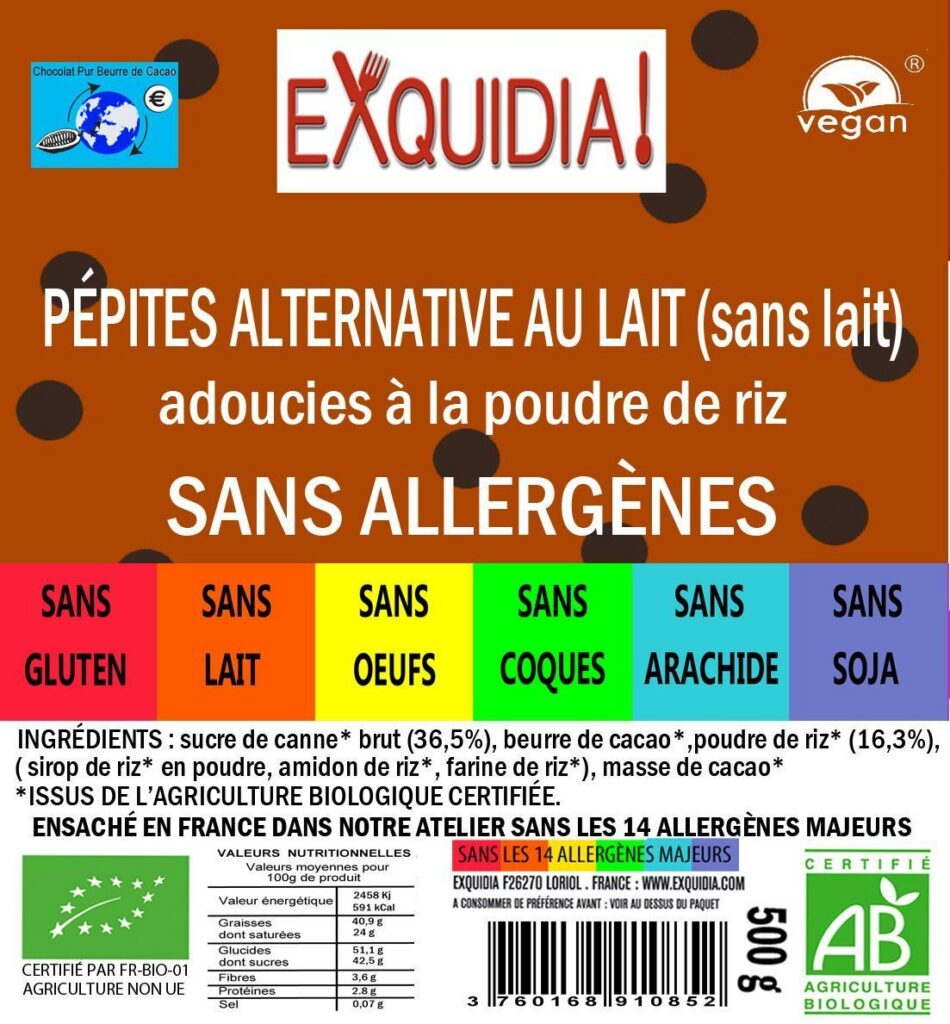 PÉPITES de chocolat 47% ALTERNATIVE au lait (sans lait) BIO vegan sans allergènes Exquidia : 500g