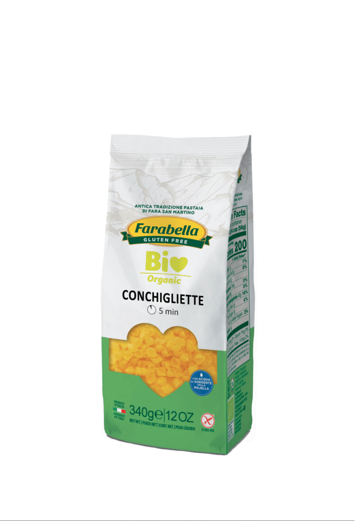Pâtes CONCHIGLIETTE (coquillettes) maïs et riz BIO vegan sans gluten, sans lait, sans oeufs, sans coque, sans arachide Farabella : 340g