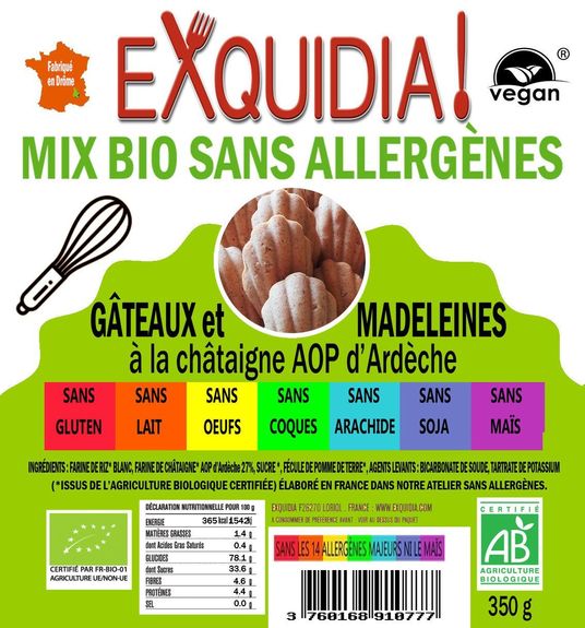 Mix GÂTEAUX et MADELEINES à la châtaigne AOP Ardèche BIO vegan sans allergènes sans maïs Exquidia : 350 grammes