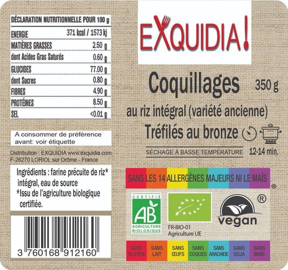 Pâtes coquillages au riz intégral (variété ancienne) BIO vegan sans allergènes sans maïs Exquidia : 350 grammes