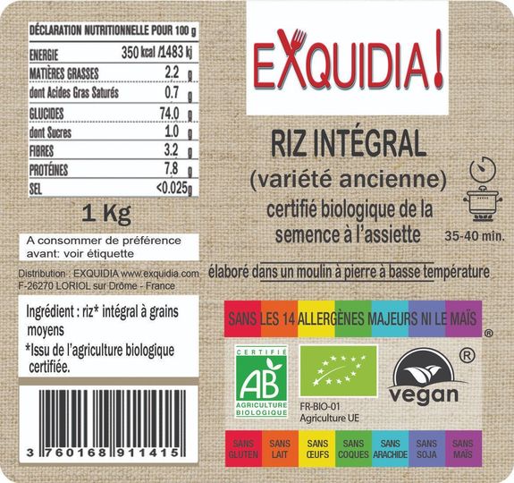 Riz italien INTÉGRAL (variété ancienne) BIO vegan sans allergènes sans maïs Exquidia : 1 Kg
