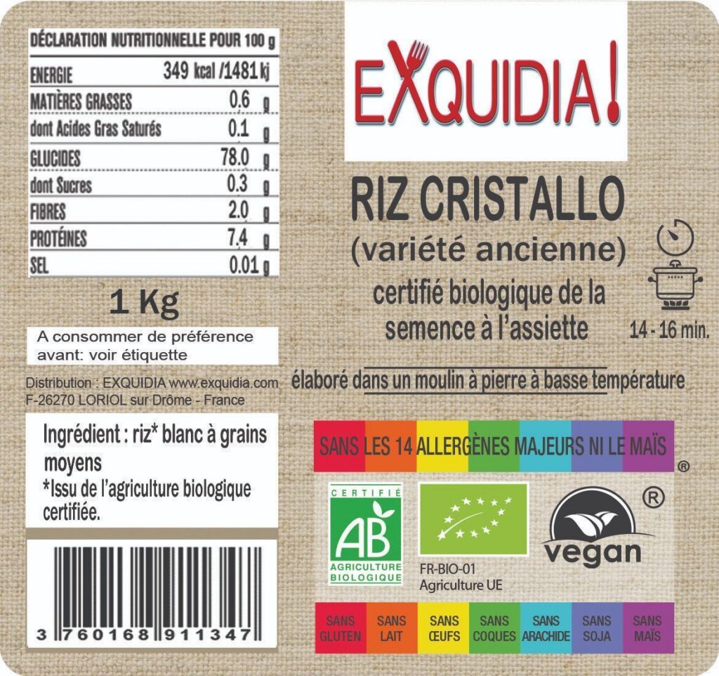 Riz blanc italien CRISTALLO (variété ancienne) BIO vegan sans allergènes sans maïs Exquidia : 1 Kg