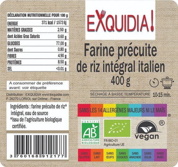 Merveilleuse FARINE précuite de riz INTÉGRAL (variété ancienne) BIO vegan sans allergènes sans maïs Exquidia : 400g