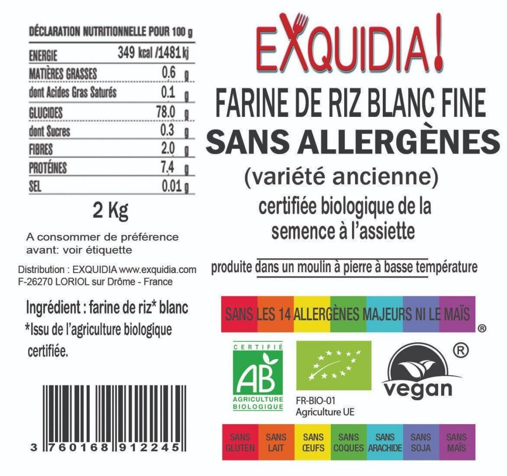 Merveilleuse FARINE de riz BLANC fine (variété ancienne) BIO vegan sans allergènes sans maïs Exquidia : 2 kg