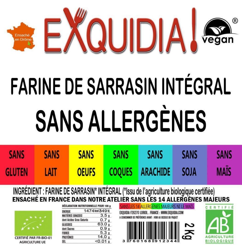Merveilleuse farine de sarrasin intégral BIO vegan sans allergènes sans maïs Exquidia : 2 kg