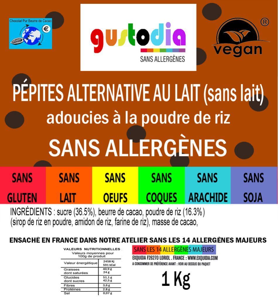PÉPITES de chocolat (45%) ALTERNATIVE au lait (sans lait) vegan sans allergènes Gustodia : 1 kg