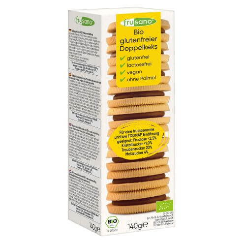 Biscuits double fourrés à la crème de cacao BIO vegan sans allergènes Frusano : 140 grammes