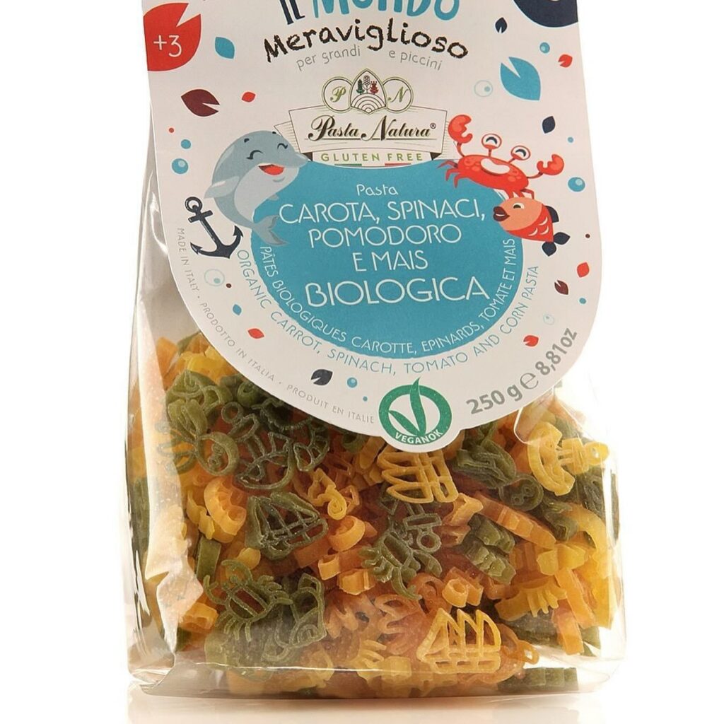 Pâtes en forme de bateaux, crabes et poissons BIO vegan sans gluten, sans lait, sans oeufs, sans coque, sans arachide Pasta Natura : 250g