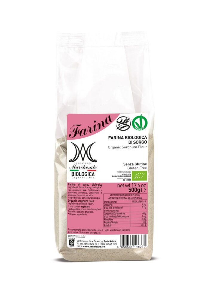 Farine de SORGHO BIO vegan sans gluten, sans lait, sans oeufs, sans coque, sans arachide Marchesato : 500g