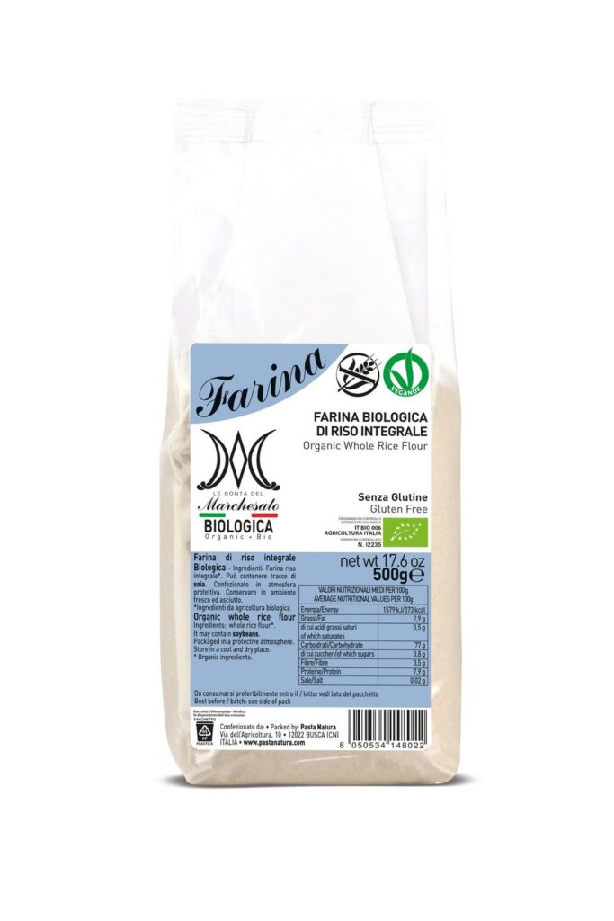 Farine de RIZ COMPLET BIO vegan sans gluten, sans lait, sans oeufs, sans coque, sans arachide Marchesato : 500g