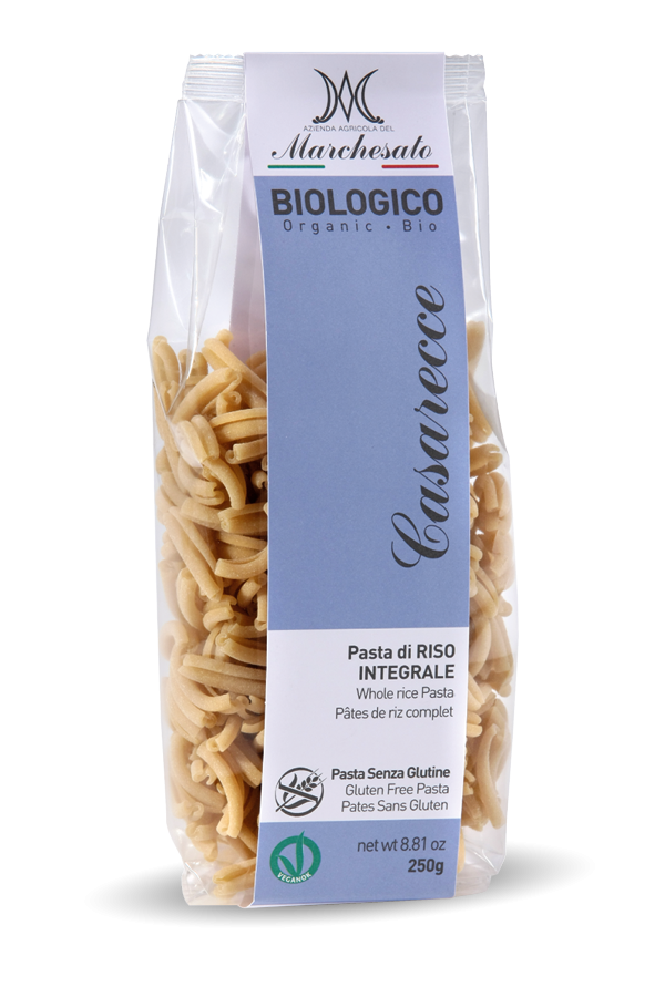 Pâtes CASARECCE au RIZ COMPLET BIO vegan sans gluten, sans lait, sans oeufs, sans coque, sans arachide Marchesato : 250g