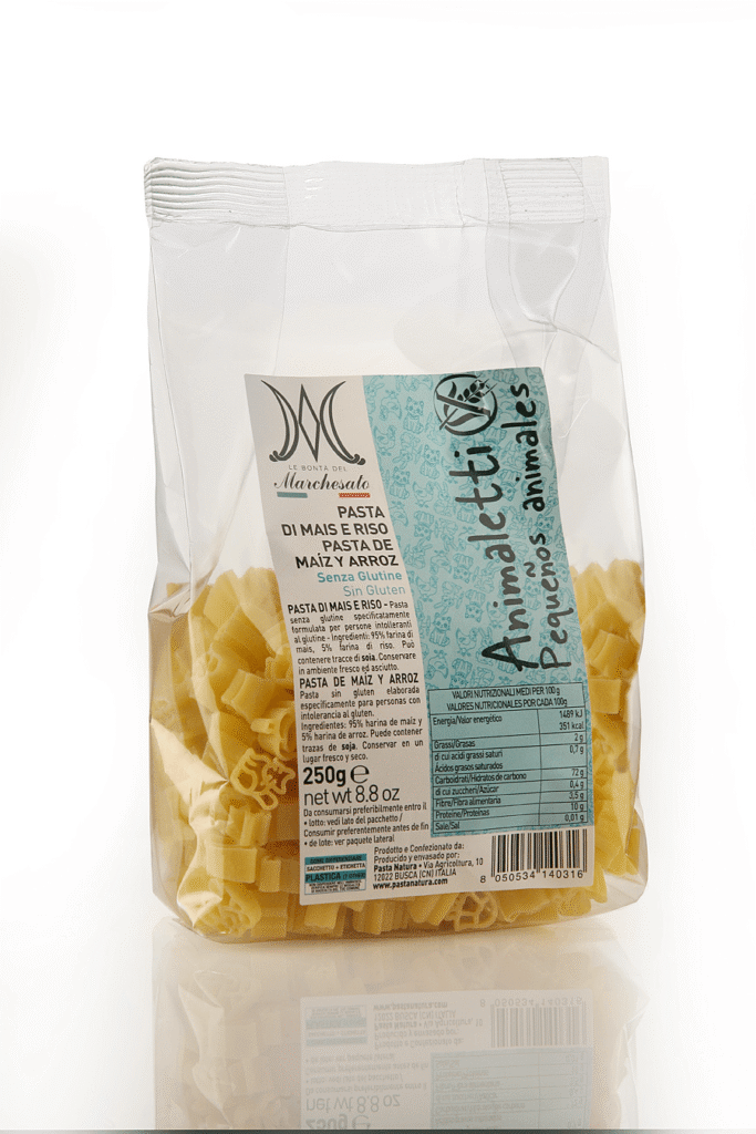 Pâtes en forme de PETITS ANIMAUX maïs riz vegan sans gluten, sans lait, sans oeufs, sans coque, sans arachide Marchesato : 250g