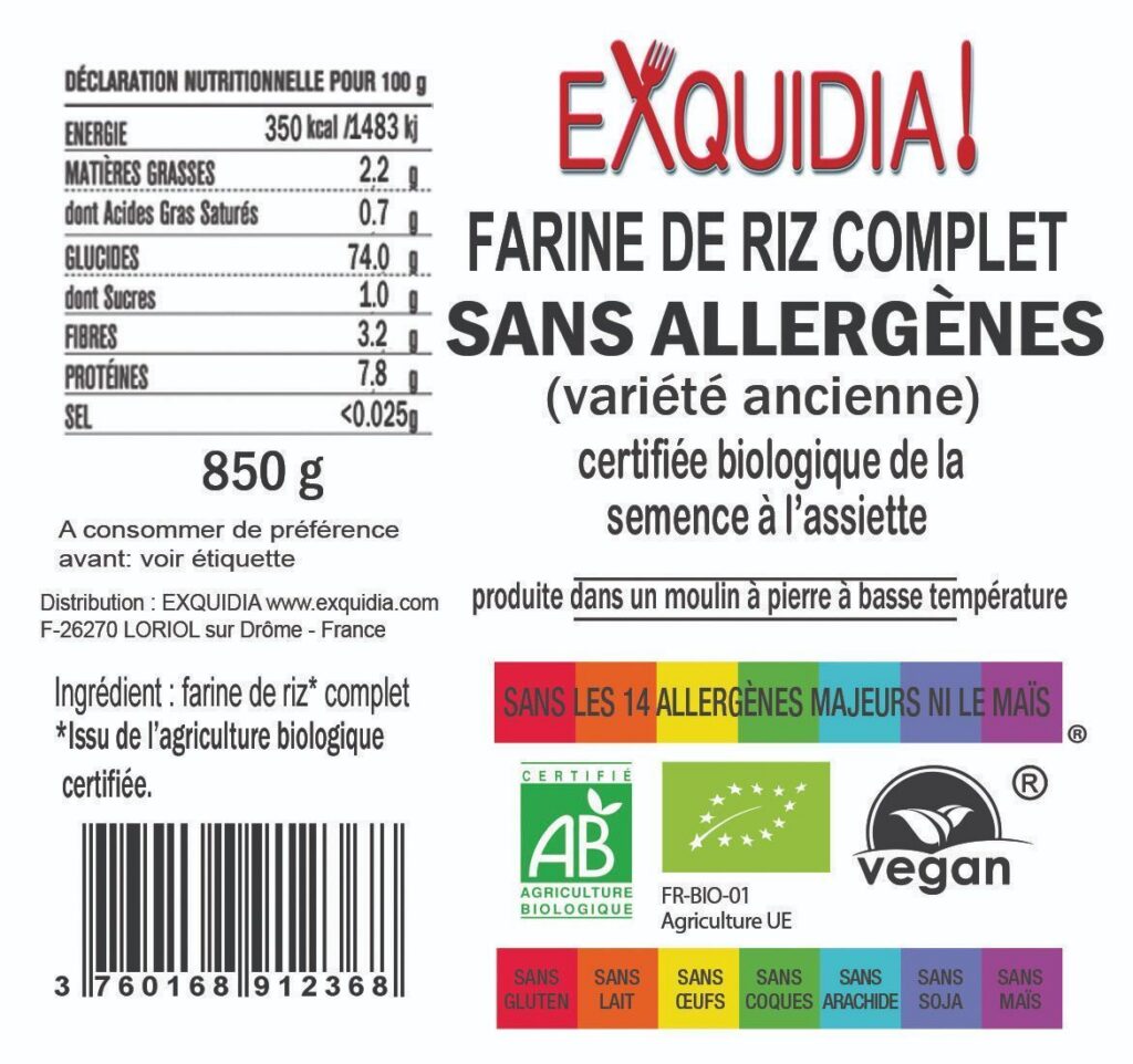 Merveilleuse FARINE de riz COMPLET (variété ancienne) BIO vegan sans allergènes sans maïs Exquidia : 850 grammes