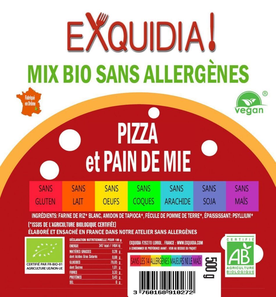 Mix PIZZA et PAIN DE MIE BIO vegan sans allergènes sans maïs Exquidia : 500 grammes