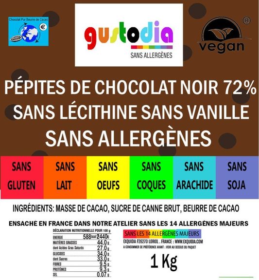 PÉPITES de chocolat NOIR 72% vegan sans allergènes Gustodia : 1 kg