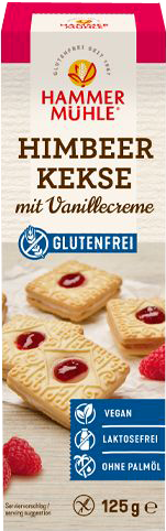 9 Biscuits aux framboises et crème vanille vegan sans allergènes Hammermülhe : 125 grammes