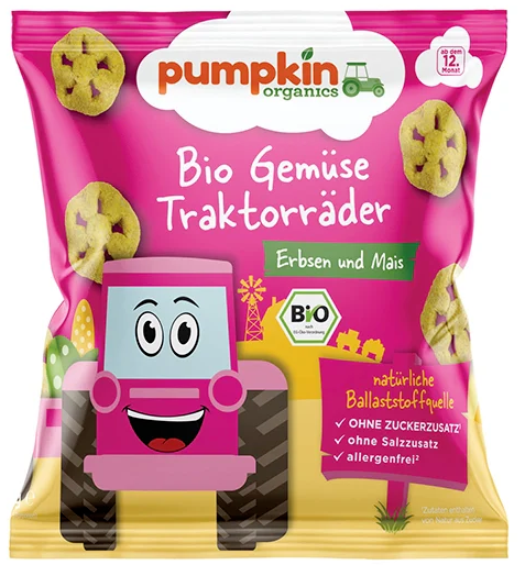 ROUES de tracteur de légumes soufflés BIO vegan sans allergènes Pumpkin Organics : 20 grammes