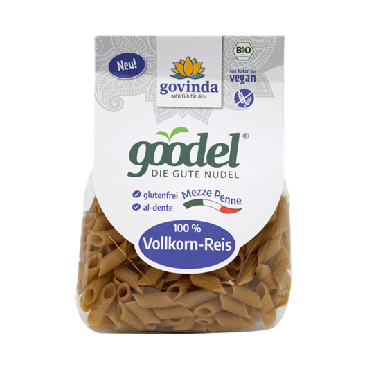 Pâtes MEZZE PENNE au riz complet BIO vegan sans gluten, sans lait, sans oeufs, sans coque, sans arachide Govinda : 250g