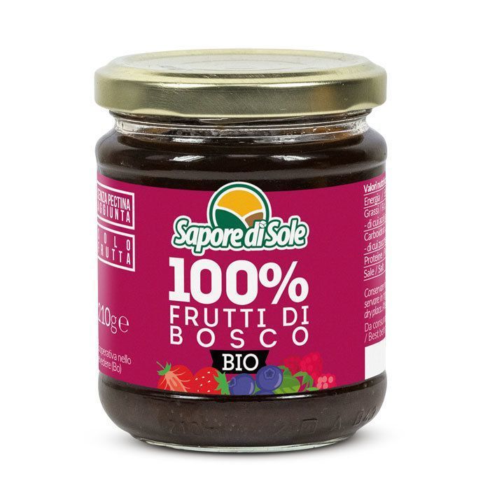 100% FRUITS DES BOIS (myrtilles sauvages*, fraises*, framboises*) BIO vegan sans allergènes Sapore di Sole : 210 grammes