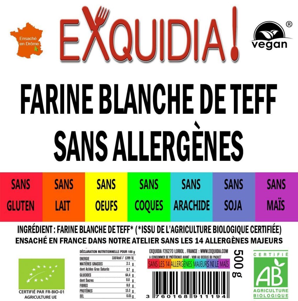 Merveilleuse farine blanche de TEFF BIO vegan sans allergènes sans maïs Exquidia : 500 grammes