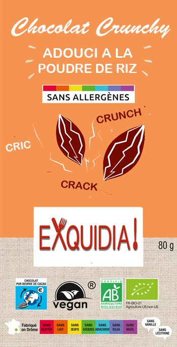 TABLETTE crunchy CRIC CRAC CRUNCH 42% en chocolat ALTERNATIVE au lait (sans lait) BIO vegan sans allergènes Exquidia : 80g
