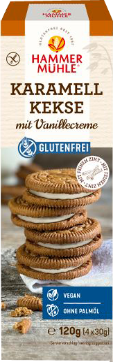 Biscuits au CARAMEL fourrés d'une crème vanille vegan sans allergènes Hammermülhe : 120 grammes