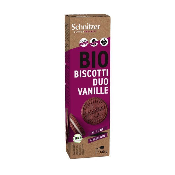 Biscuits DUO au cacao fourrés à la crème VANILLE BIO vegan sans allergènes Schnitzer : 130 grammes