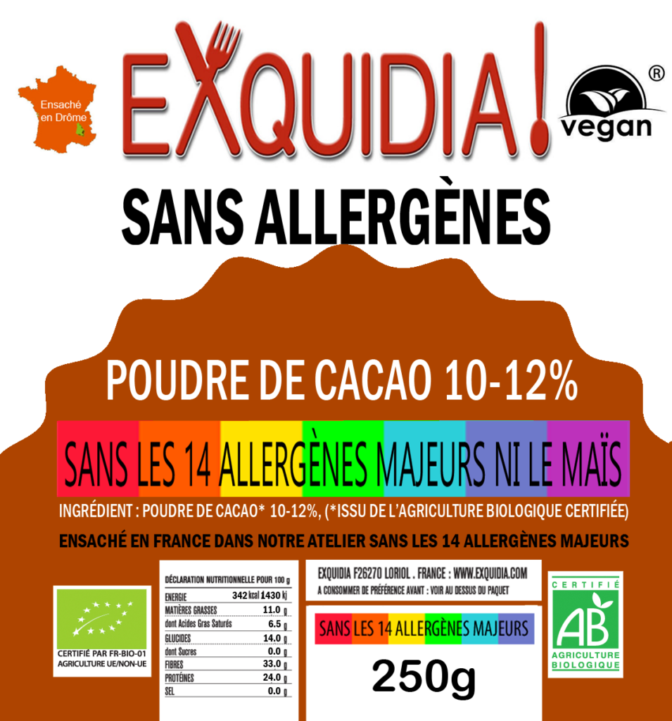 POUDRE DE CACAO BIO vegan sans allergènes Exquidia : 250 grammes