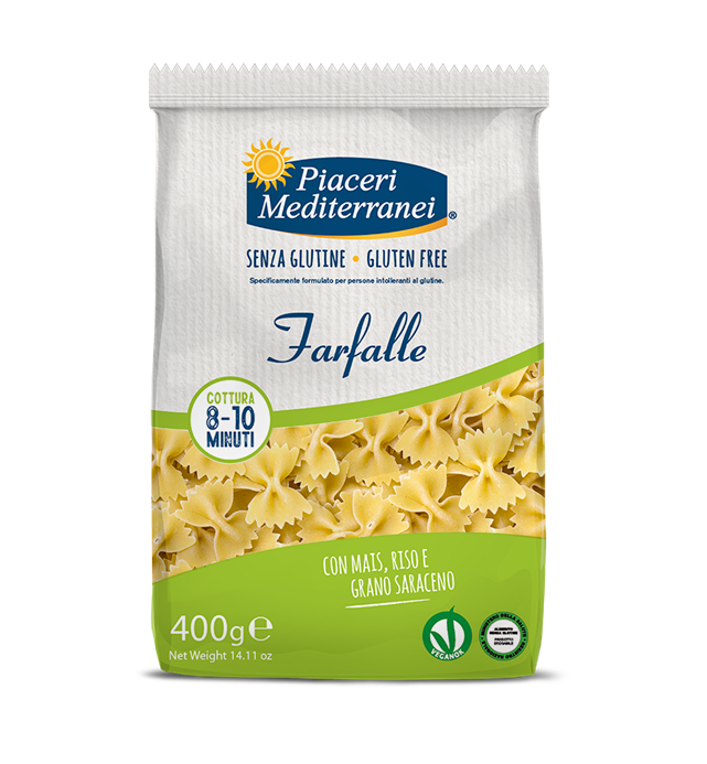 Pâtes FARFALLE (maïs, riz, sarrasin) vegan sans gluten sans lait sans oeufs sans coque sans arachide Piaceri Mediterranei : 400g