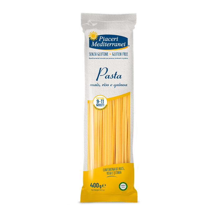 Pâtes LINGUINE (maïs, riz, quinoa) vegan sans gluten sans lait sans oeufs sans coque sans arachide Piaceri Mediterranei : 400g