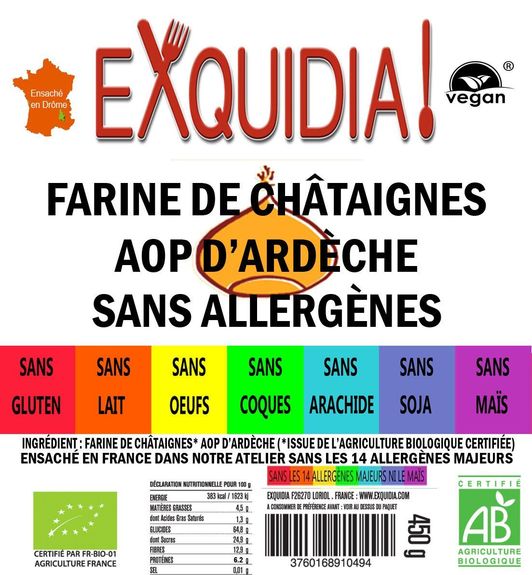 Merveilleuse farine de châtaigne AOP d'Ardèche "Petite châtaigne" BIO vegan sans allergènes sans maïs Exquidia : 450g