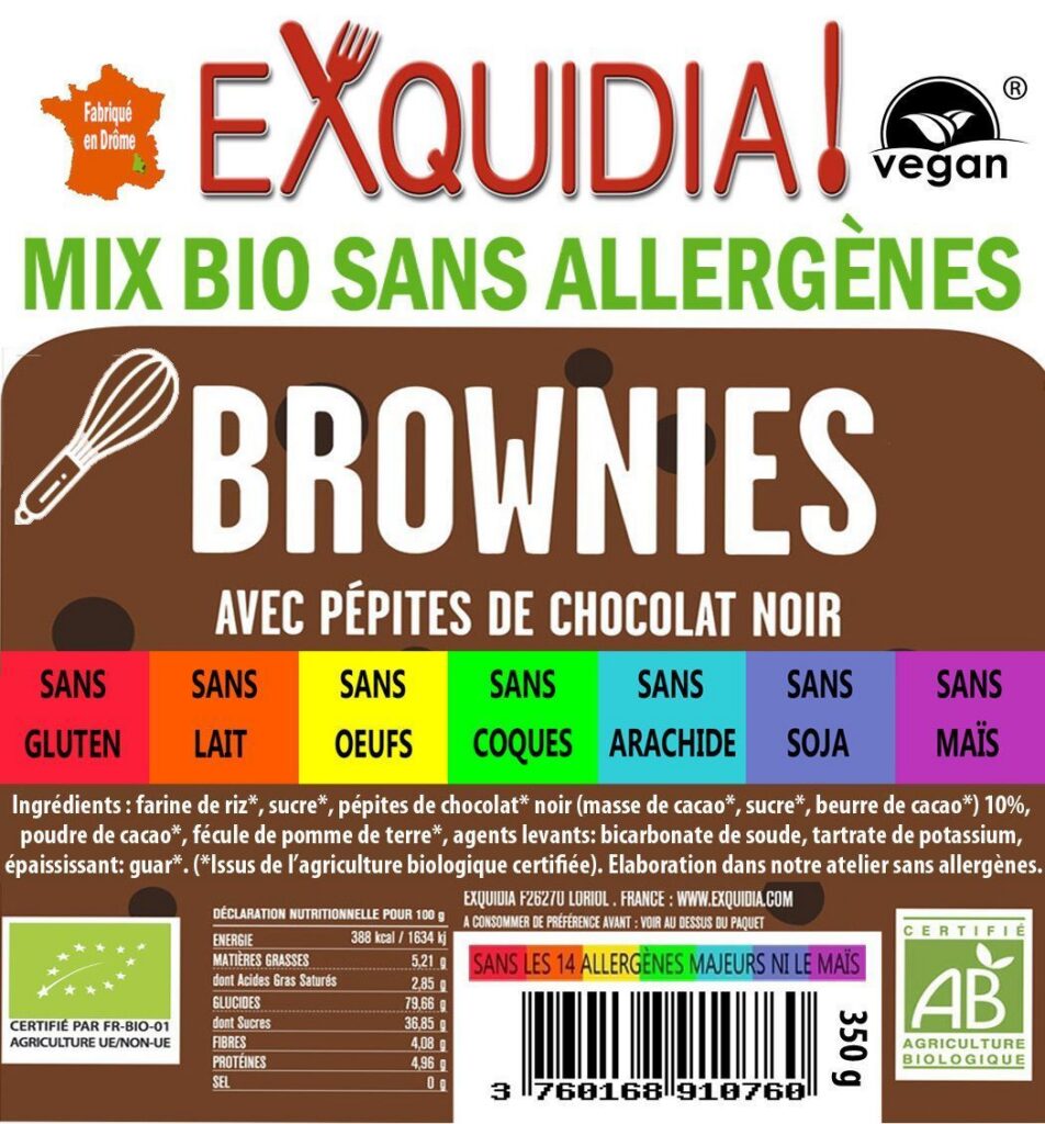 MIX BROWNIES aux pépites de chocolat NOIR BIO vegan sans allergènes sans maïs Exquidia : 350 grammes