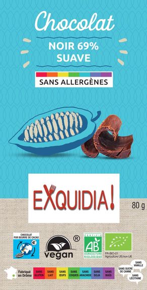 Tablette en chocolat NOIR 69% SUAVE BIO vegan sans allergènes Exquidia : 80 grammes