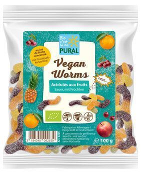 Bonbons Vegan WORMS acidulés aux fruits BIO vegan sans allergènes Pural : 100 grammes