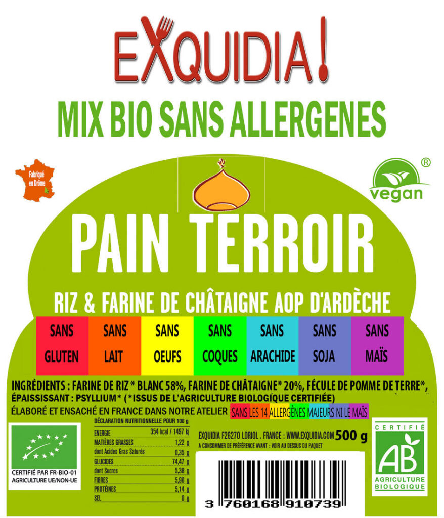 MIX PAIN TERROIR 20% châtaigne* AOP Ardèche BIO vegan sans allergènes sans maïs Exquidia : 500 grammes
