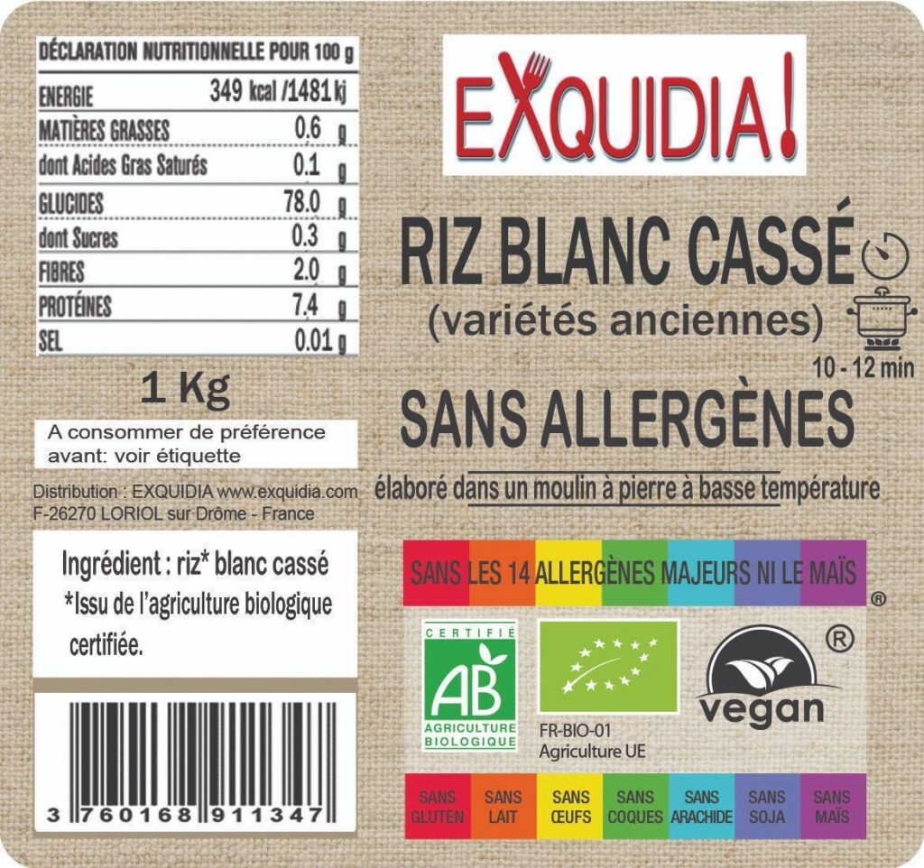 Riz BLANC CASSÉ (variétés anciennes) BIO vegan sans allergènes sans maïs Exquidia : 1 Kg