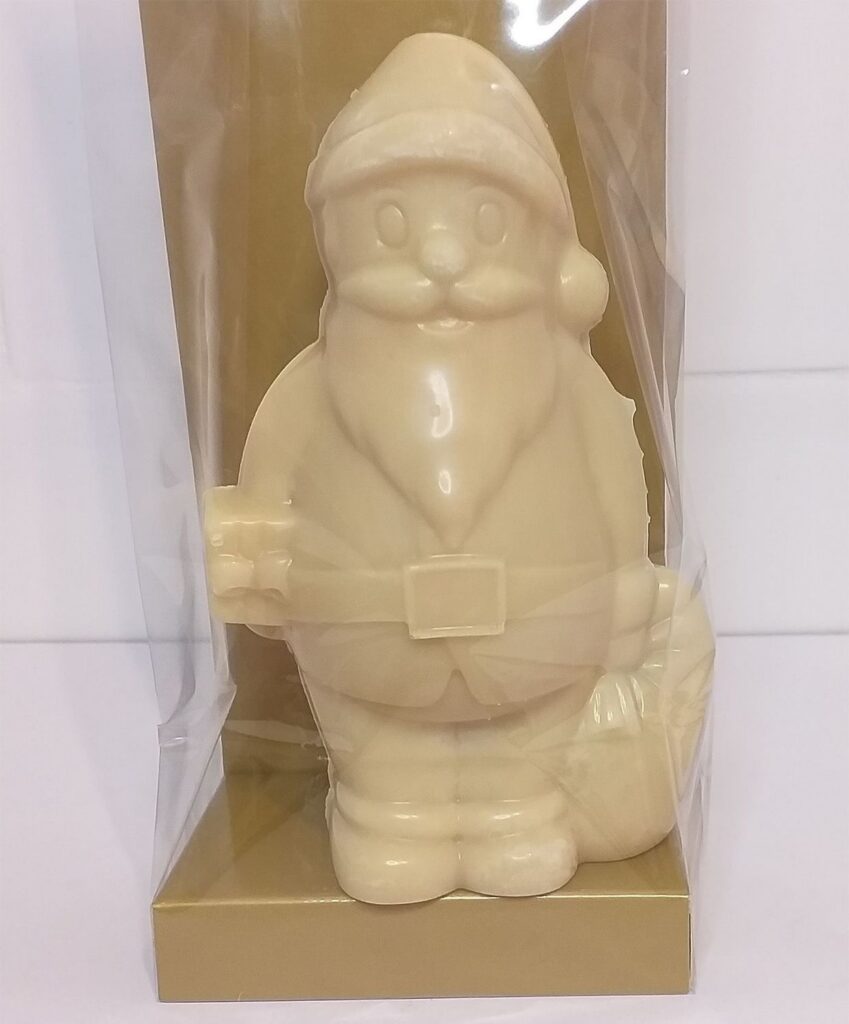 Grand Père Noël CREUX et sa hotte en chocolat BLANC (49%) adouci à la poudre de riz vegan sans allergènes Gustodia : 120g