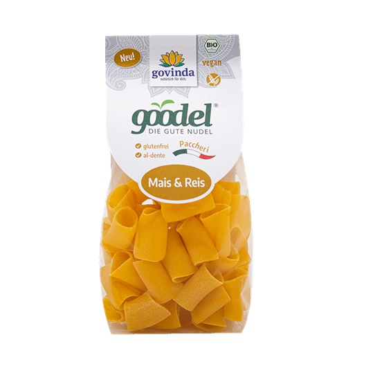Pâtes PACCHERI maïs riz BIO vegan sans gluten, sans lait, sans oeufs, sans coque, sans arachide Govinda : 250g